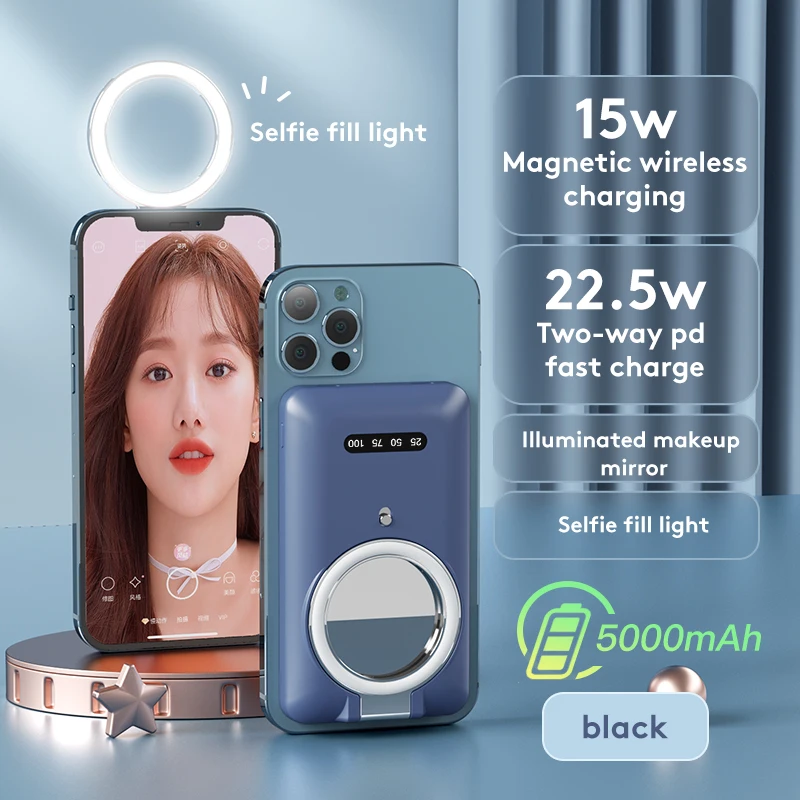 best power bank for mobile 2022 NEW 5000mAh Beauty Makeup with Fill Light + Mirror Portable Magnetic Wireless Power Bank For iPhone 12 13 External Battery best battery pack Power Bank