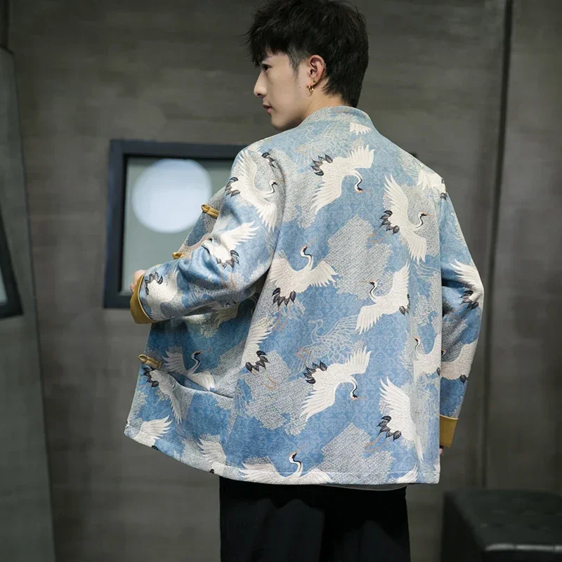 Chinese Style Men's Jacket Suede Fabric Long Sleeve Stand Collar Embroidered Buckle Tang Suit Improved Hanfu Autumn Coat Clothes