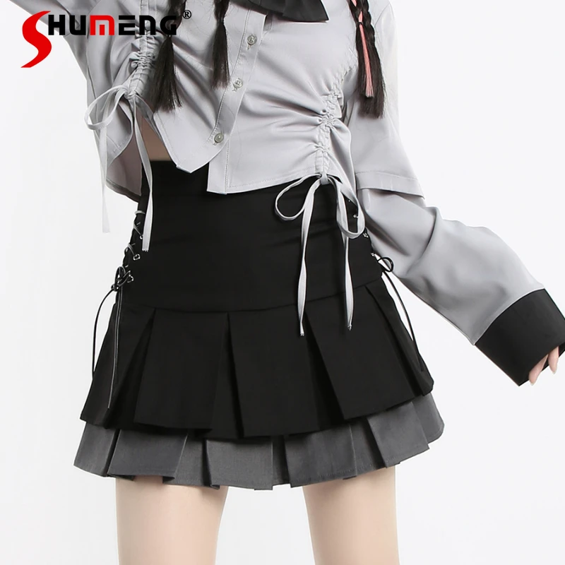 2023 Autumn Winter New Double Layer Color Matching Lace Up Skirt Pleated Irregular Short A-Line Slimming High Waist Y2k Skirts brahms violin concerto double concerto 1 cd