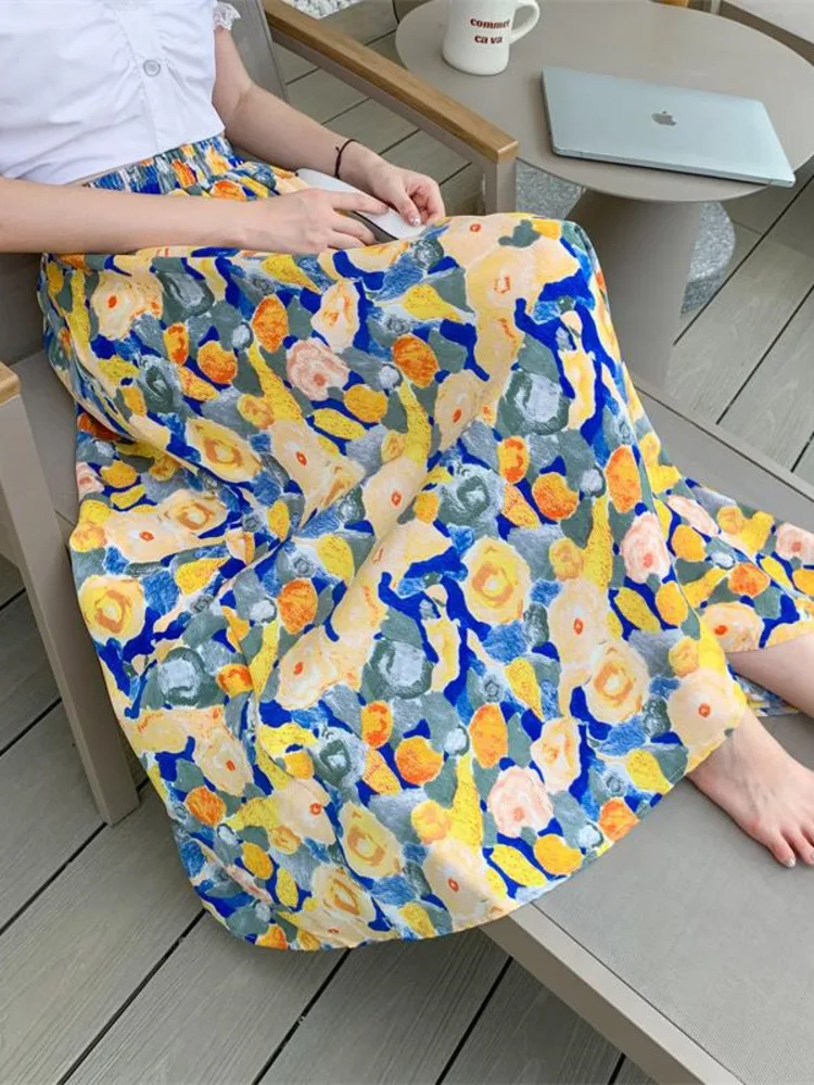

Skirts Woman Harajuku A Line Vintage High Waist Floral Print Fashion Temperament Elastic Waist Soft Skirt Streetwear New