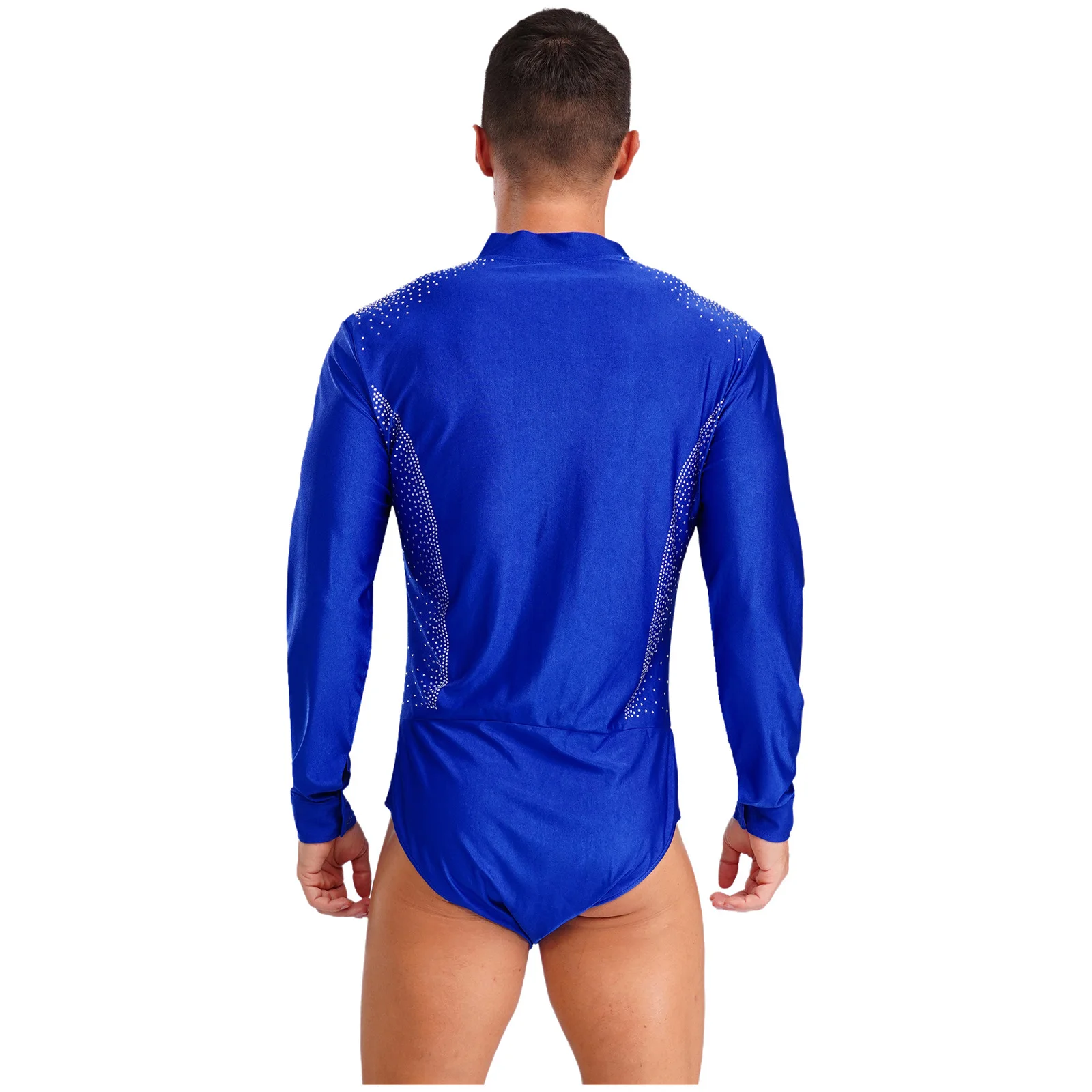 Mens Gymnastics Figure Skating Latin Dance Bodysuit Tango Performance Costume V-neck Long Sleeve Sparkling Rhinestones Leotard