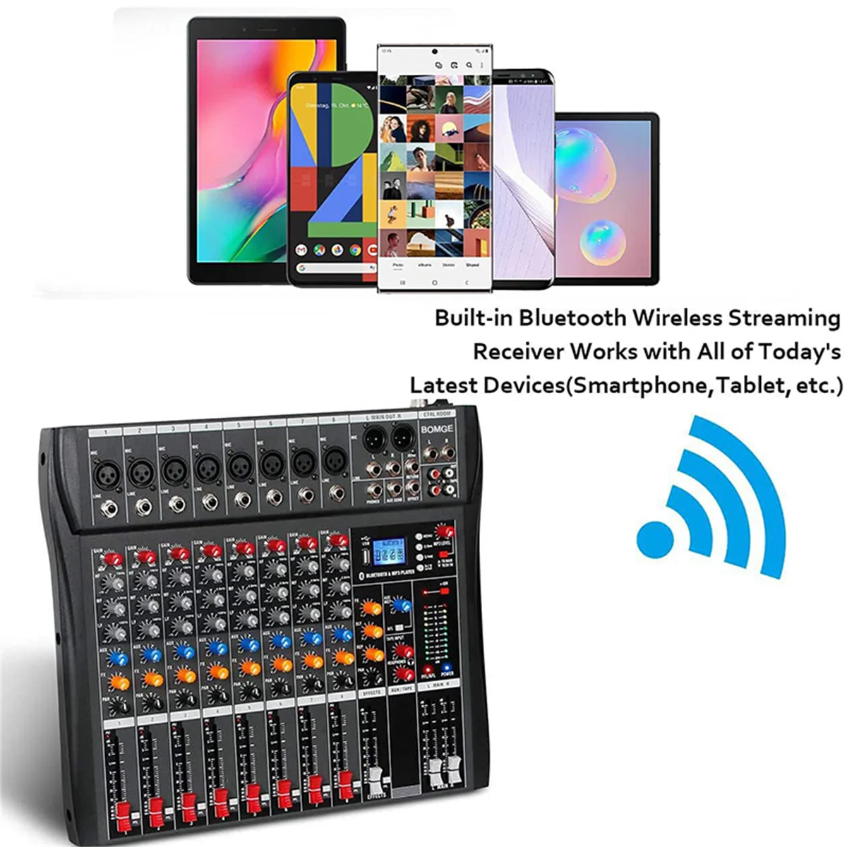BOMGE 8 Channel Audio Mixer Sound Mixing Console with Bluetooth USB PC Recording Input XLR Microphone Jack 48V Power RCA Input audio mixer