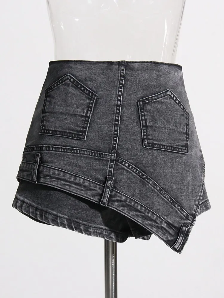 ECR Asymmetrical Skinny Denim Shorts For Women High Waist Patchwork Zipper Casual Solid Short Pants Female Fashion Clothing New