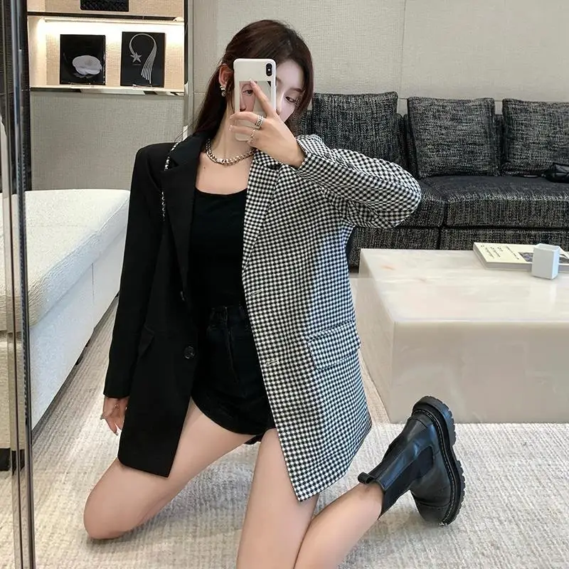 2023 Autumn Women Fashion Blazers Unique Patchwork Houndstooth Loose Suits Jacket Korean Lady Graceful Coats with Waistbelt