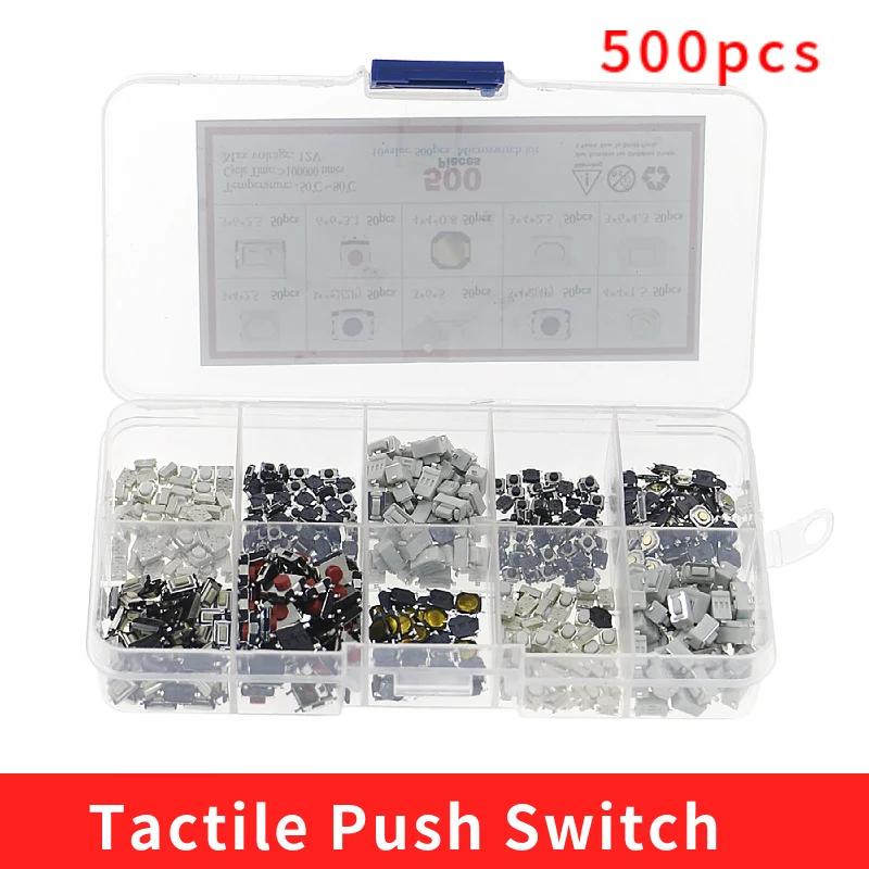 500Pcs 10-Types Tactile Push Button Switch Car Remote Control Keys Button Touch Microswitch 20pcs tactile push button switch car remote control keys button touch micro switch momentary dip 6x6mm 6 6 4 3 5 6 7 8 9 10 11mm