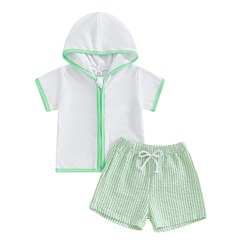 1-5T Toddler Baby Boy Girl Swim Cover Up Towel Terry Zipper Hooded Tops Seersucker Shorts Set Beach Bathing Suit Coverup