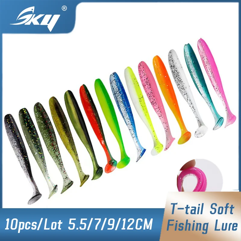 SKY T-테일 스윔베이트 실리콘 소프트웜 미끼, 바다 또는 민물 낚시 태클용 인공 미끼 워블러, 5.5 cm, 7 cm, 9 cm, 12cm, 로트당 10 개 