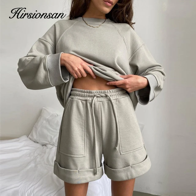 Hirsionsan Soft Cotton Sets Women 2022 New Casual Two Pieces Long Sleeve Sweatshirt & High Waist Shorts Solid Outfits Tracksuit 1