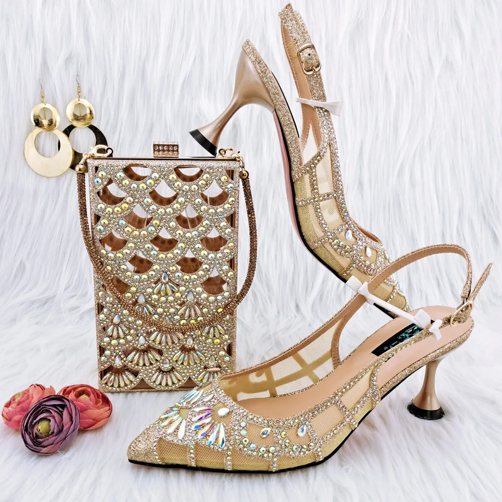 

High Grade Gold Women Pointed Toe Shoes Match Handbag With Crystal Decoration African Dressing Pumps Set QSL061,Heel 7.5CM