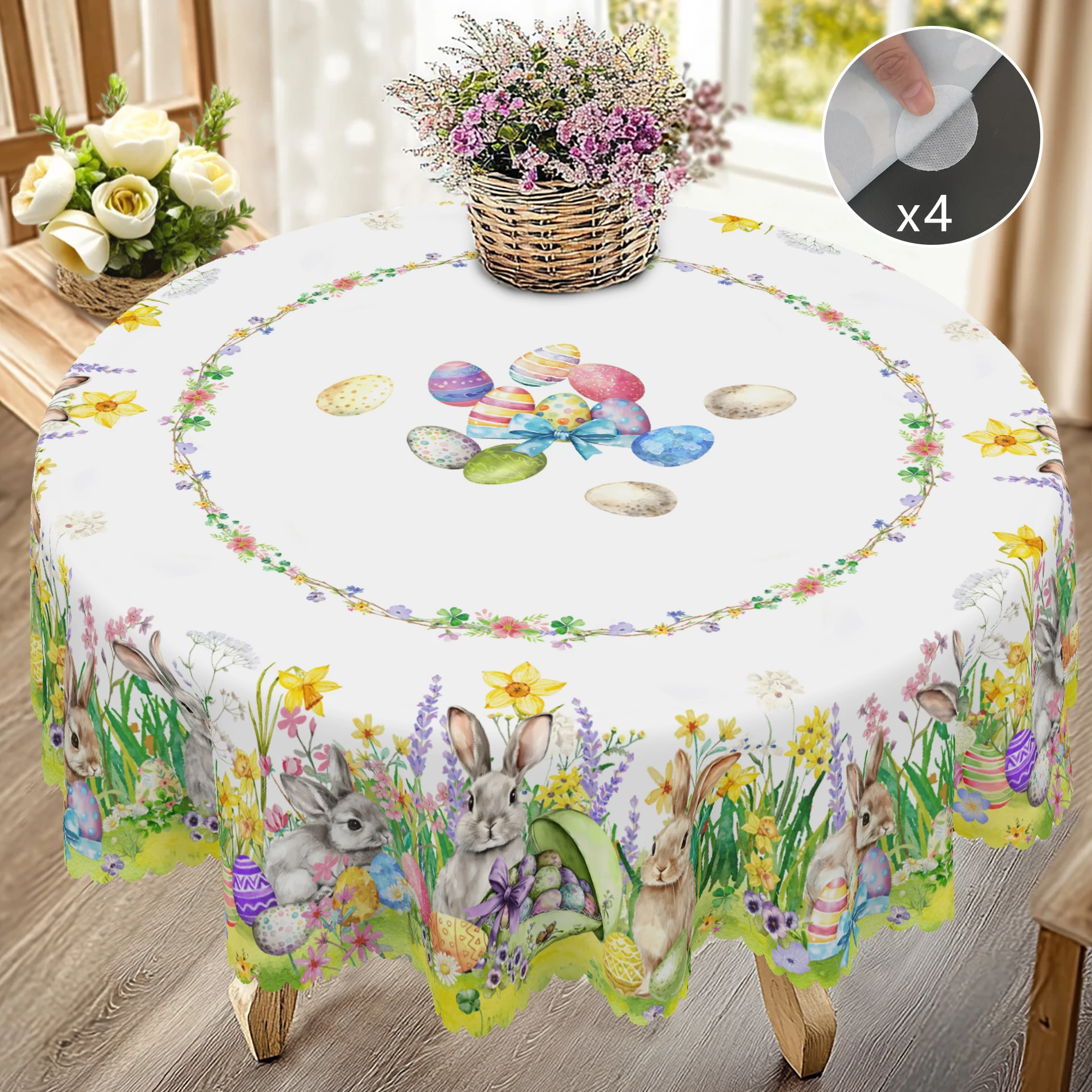 Table cloth 1 Easter Round Tablecloth 5 Sizes Available Easter Bunny Egg Pattern Tablecloth Edge Embossing Process Decoration Spring Garden Tablecloth Decoration Tablecloth for Daily Home Kitchen Terrace Use