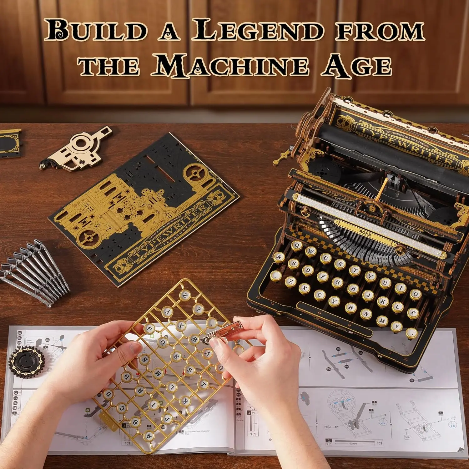 Rokr 빈티지 모델 키트 기계식 타자기 3D 나무 퍼즐 조립 프로젝트 레트로 책상 홈 데코 독특한 선물 클래식 버전