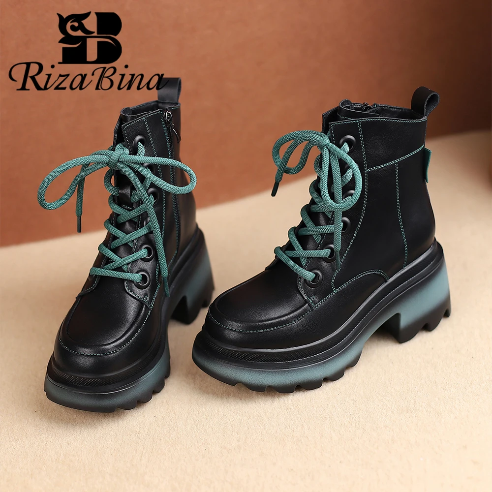 

RIZABINA Fashion Ankle Boots Casual Genuine Leather Lace-up Women's Boots Thick Bottom Non-slip Round Toe Zipper Commute Shoes