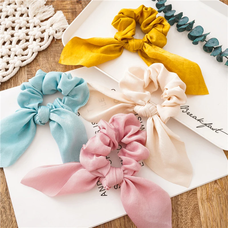 Woman Fashion Ribbon Rabbit Ears Satin Elastics Hair Band Girls Solid Scrunchies Hair Ties Lady Ponytail Holder Hair Accessories