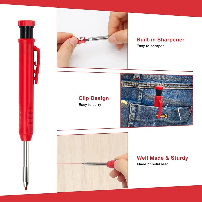 Solid Carpenter Pencil Set carpenter pencil With 6 Refill Leads Built-in Sharpener Marking Tool Woodworking Deep Hole Mechanical Pencils