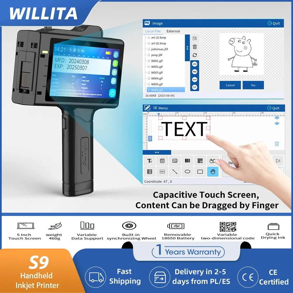WILLITA S9 – imprimante à jet d'encre portative, écran de 5 pouces, Machine de marquage pour dattes d'expiration, numéros de lots, Codes QR/code-barres EU