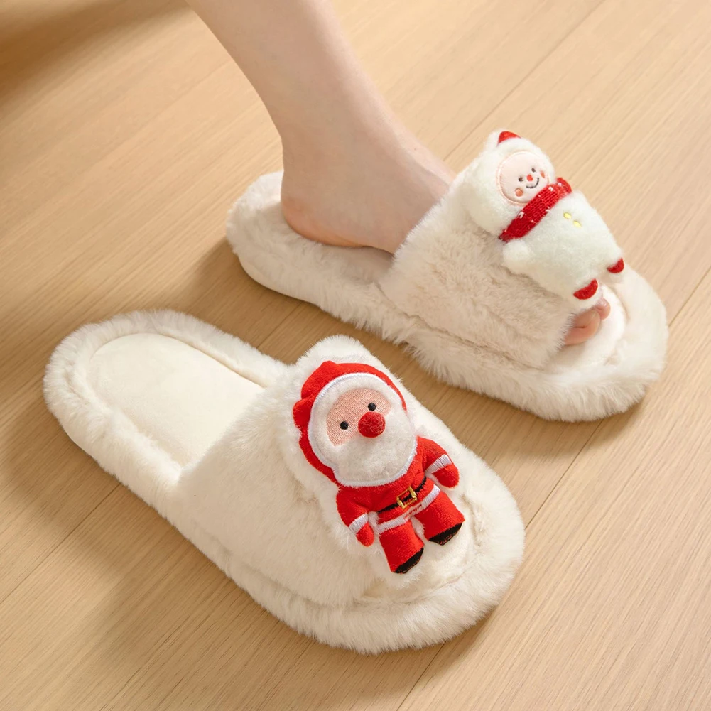 Christmas Printed Slippers Casual Soft Warm House Slippers Cozy Fluffy Thickened Scuff Bedroom Shoes