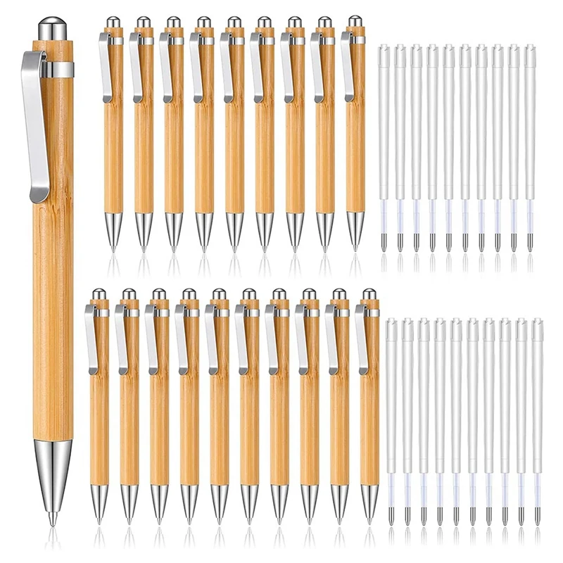 

20 Pcs Bamboo Retractable Ballpoint Pen And 20 Pcs Extra Refills, Black Ink 1 Mm Bamboo Pen Retractable Wooden Pens