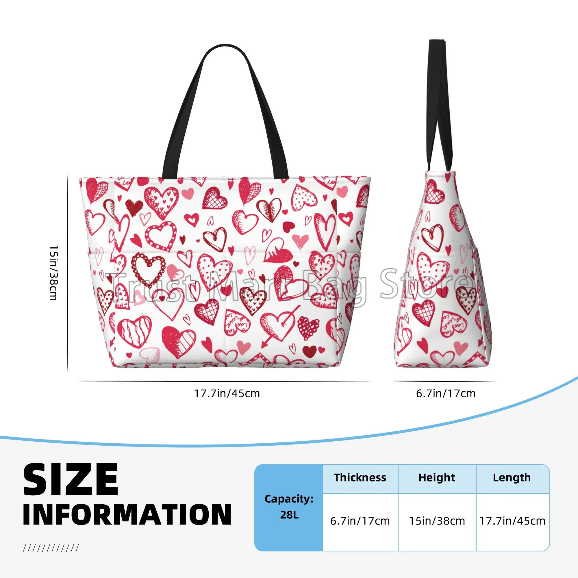 Large Beach Bags Waterproof Sandproof Pink Love Hearts Cute