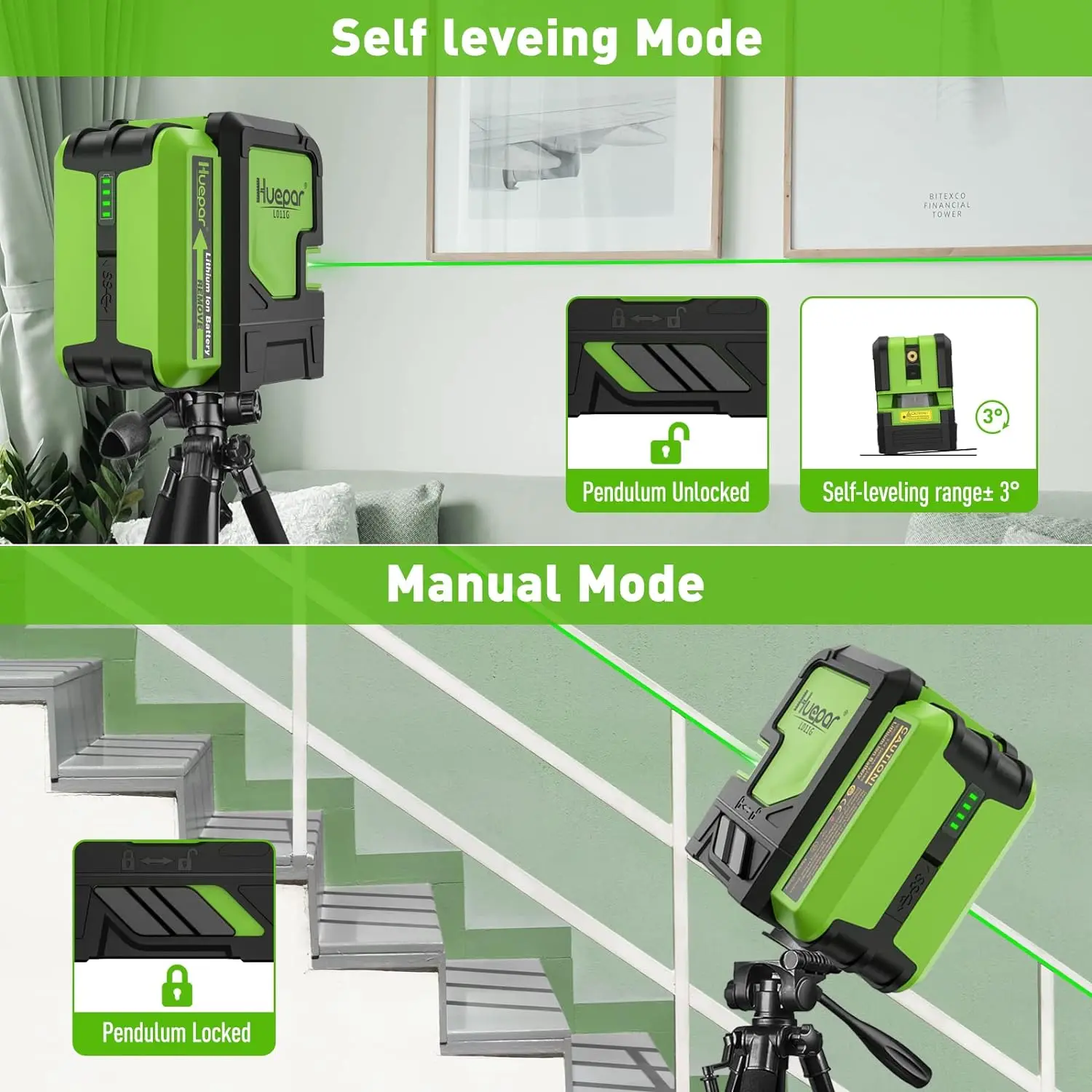 Huepar 2 linee Laser Level Green Beam Cross Line batteria ricaricabile autolivellante agli ioni di litio strumenti Laser con modalità impulso e staffa