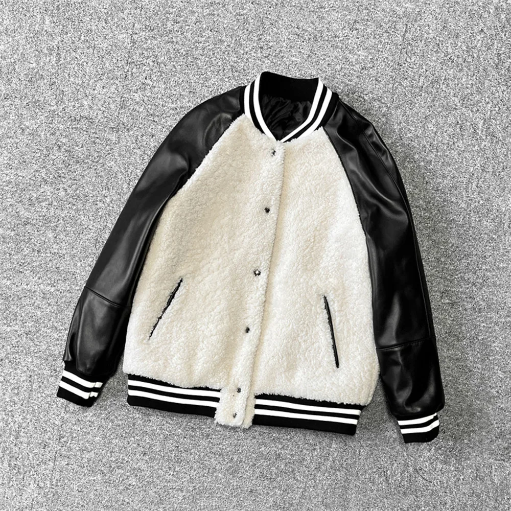 Autumn Winter Korean Style Women's High Quality Casual Wool Patchwork Sheepskin Leather Jackets B723