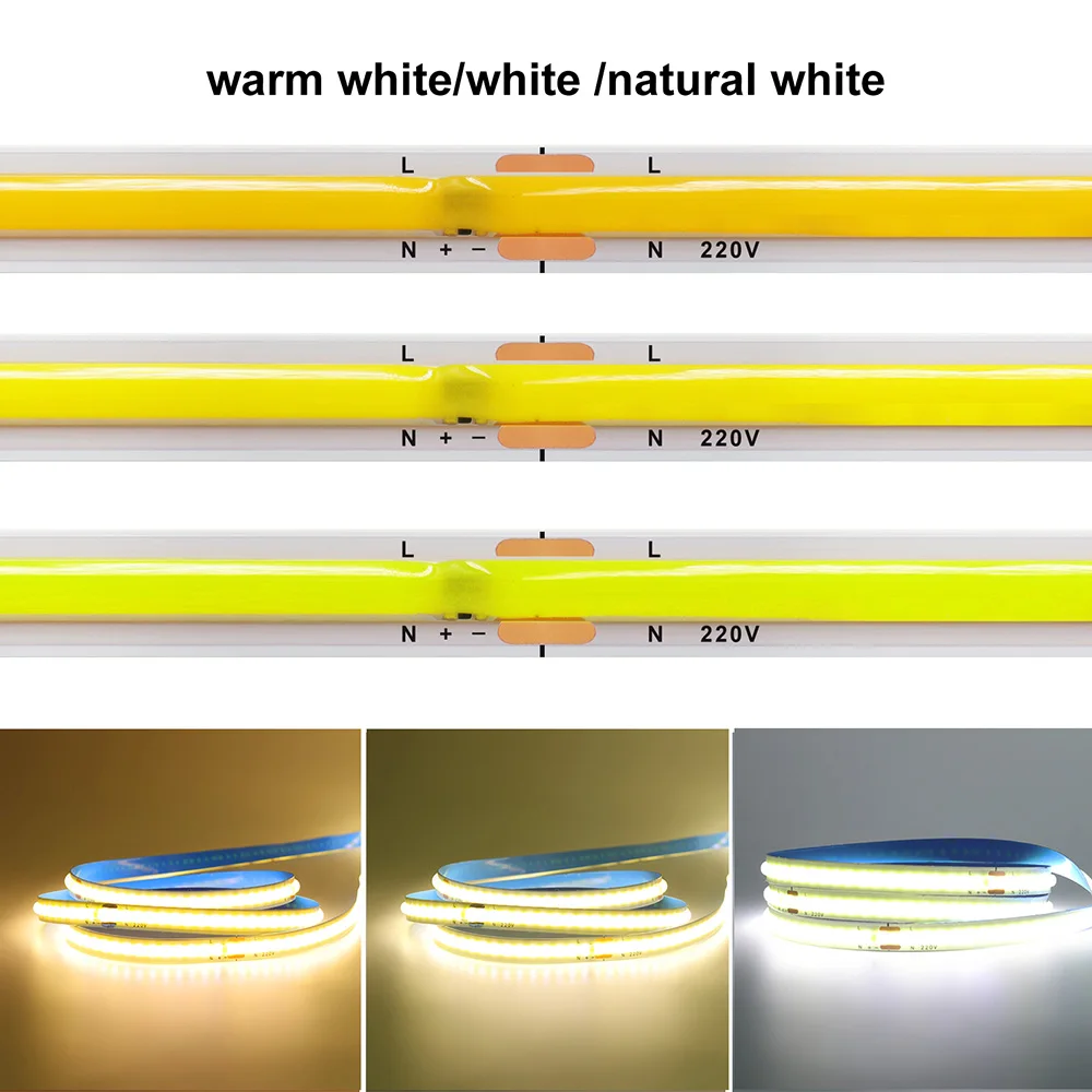 5m 10m 20m 50m COB LED Strip Light 220V Flex Tape Lamp with IC Chip High Bright 240 LEDs Linear Lighting RA90 Warm Natural White 2
