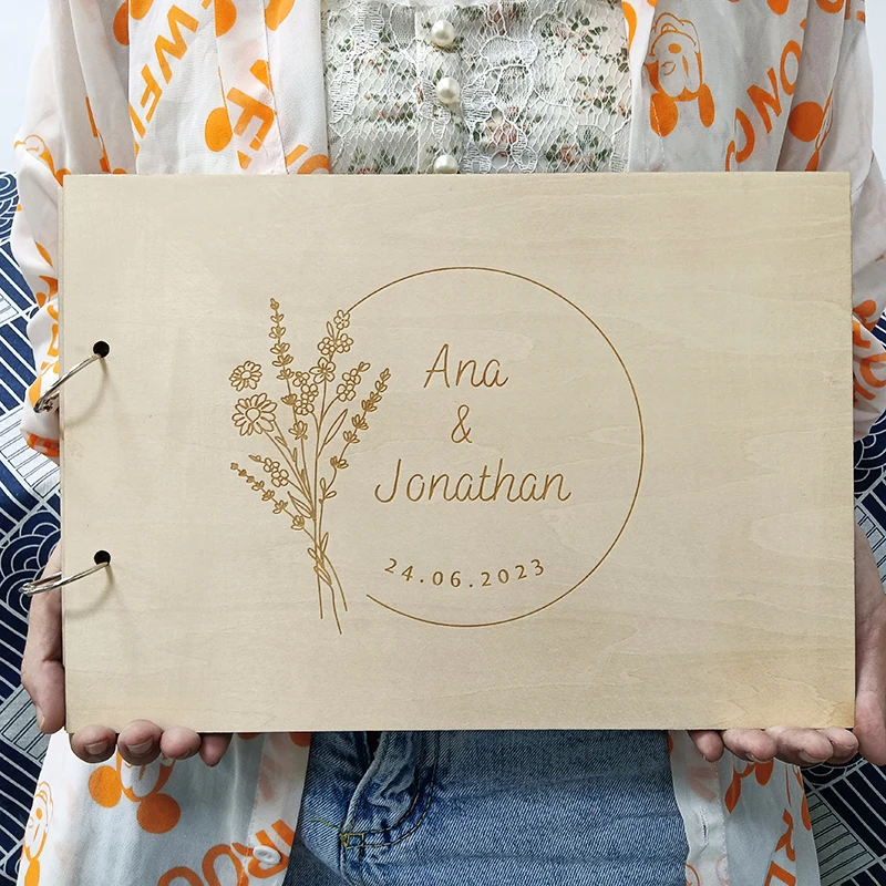 Wedding Guest Book Personalized Name And Date Calligraphy Guest Book Laser Engraved Wedding Guest Book Rustic Floral Wooden Sign-in Book