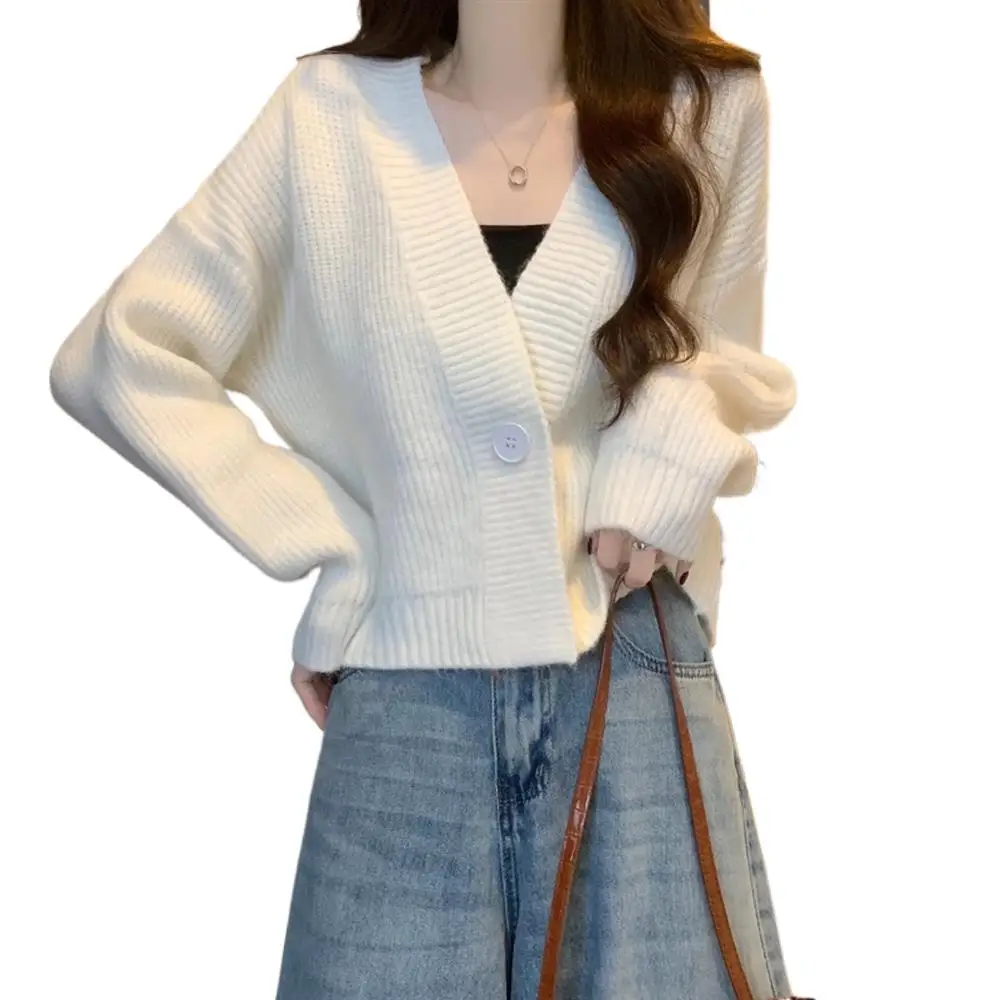 Women Knitted V Neck Long Sleeve Solid Color Sweater Cardigan