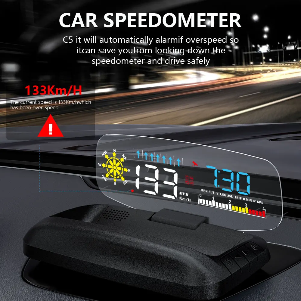 Geyiren C5 HUD ڵ  ÷, OBD2 GPS  ý  ӵ ,  溸,  µ ڵ  Һ