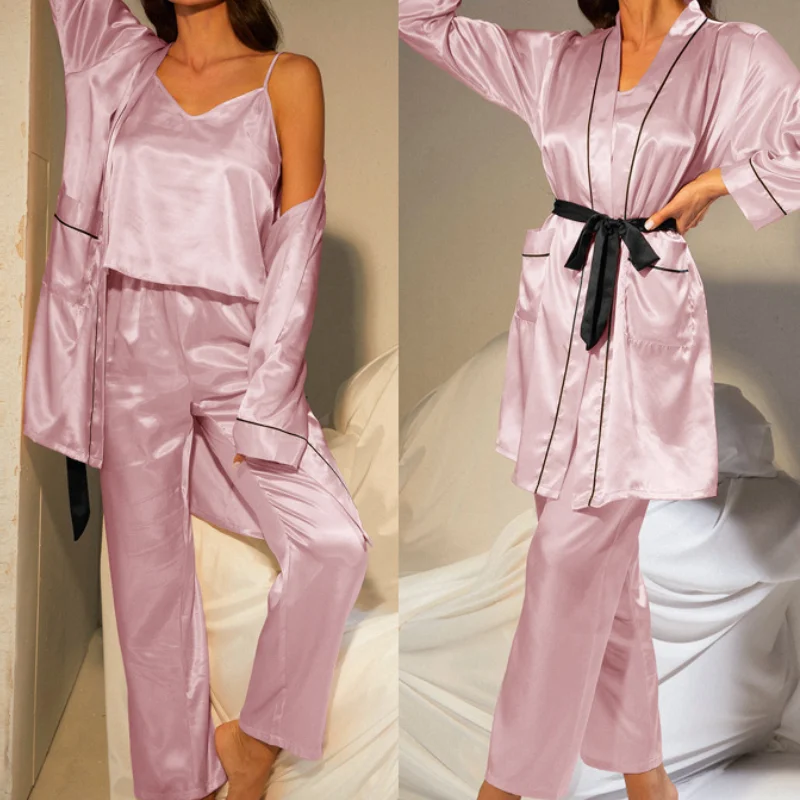 

3PCS Pajamas Set Robe&Sling&Pants Suit Satin Sleepwear V-Neck Summer Home Clothes Sexy Home Clothes Pyjamas Pour Femme Nightgown