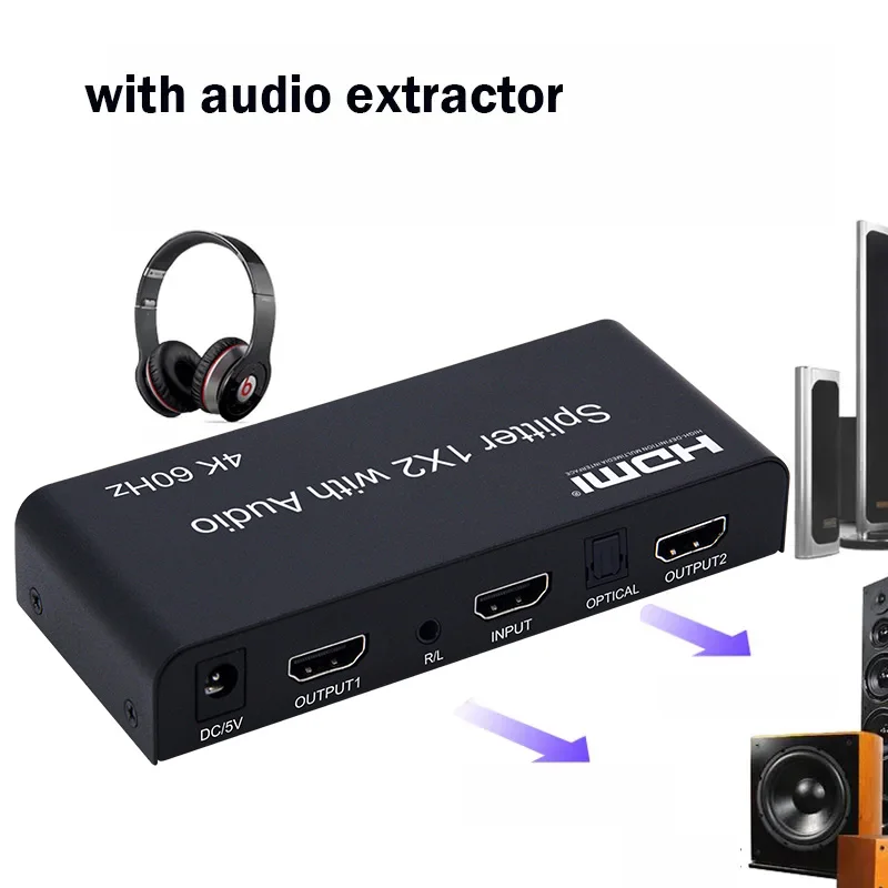 Фото 4K 60 Гц HDMI сплиттер аудио экстрактор 1x2 сплиттер HDMI переключатель 1 в 2 выход с оптическим Toslink + 3,5 мм аудио выход для PS5/4 PC TV №5