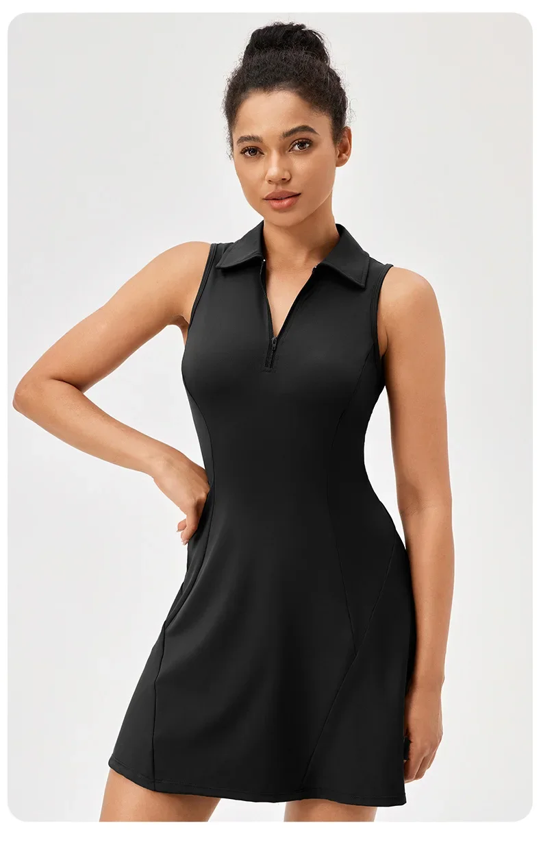 Women Summer Tennis Dress Solid Color Lapel Slim Fit Running Skirt Breathable Golf Dress Yoga Wear Workout Clothes