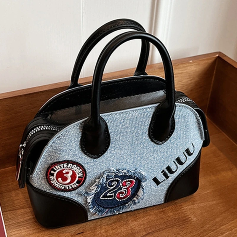 Women Shoulder Crossbody Bag Embroidery Appliques Denims Handbag with Top Handle E74B