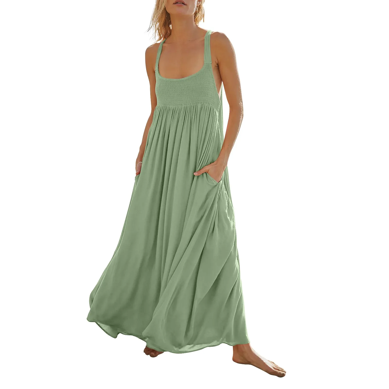 

Women vest style long dresse Summer Sleeveless Dress Pleated Casual Maxi Dresses With Pockets beach travel city walks vestidos