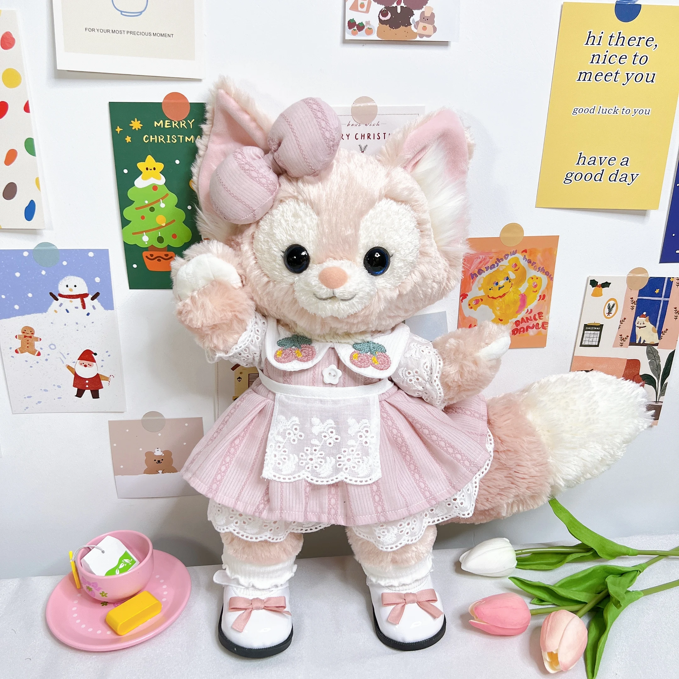 LinaBell is wearing handmade doll clothes for Lina Bell, fresh lotus root powder jacquard dress 13 inch linabell plush doll clothes stella lou clothes pastoral blue cherry cloth patchwork apron dress