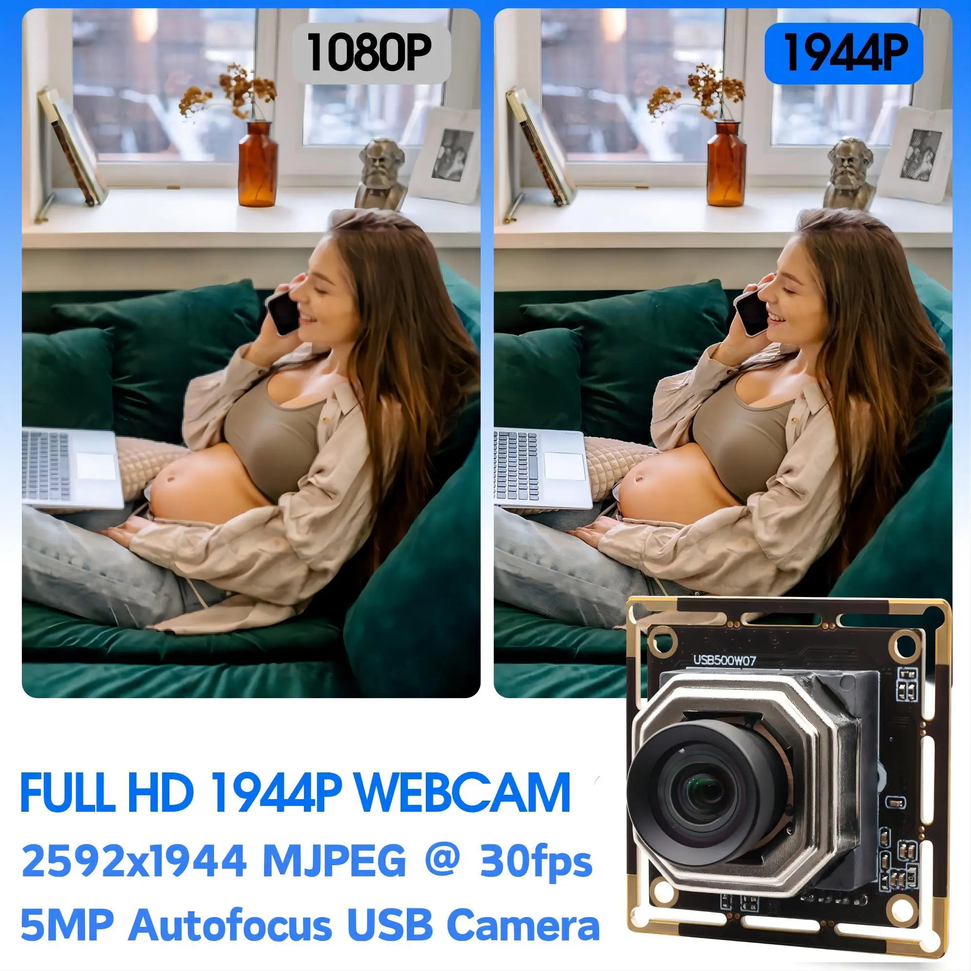 ELP 자동 초점 USB 카메라 모듈, MJPEG 30fps 2592*1944 미니 HD 내장 웹캠, 12mm 렌즈 포함, 5MP IMX335