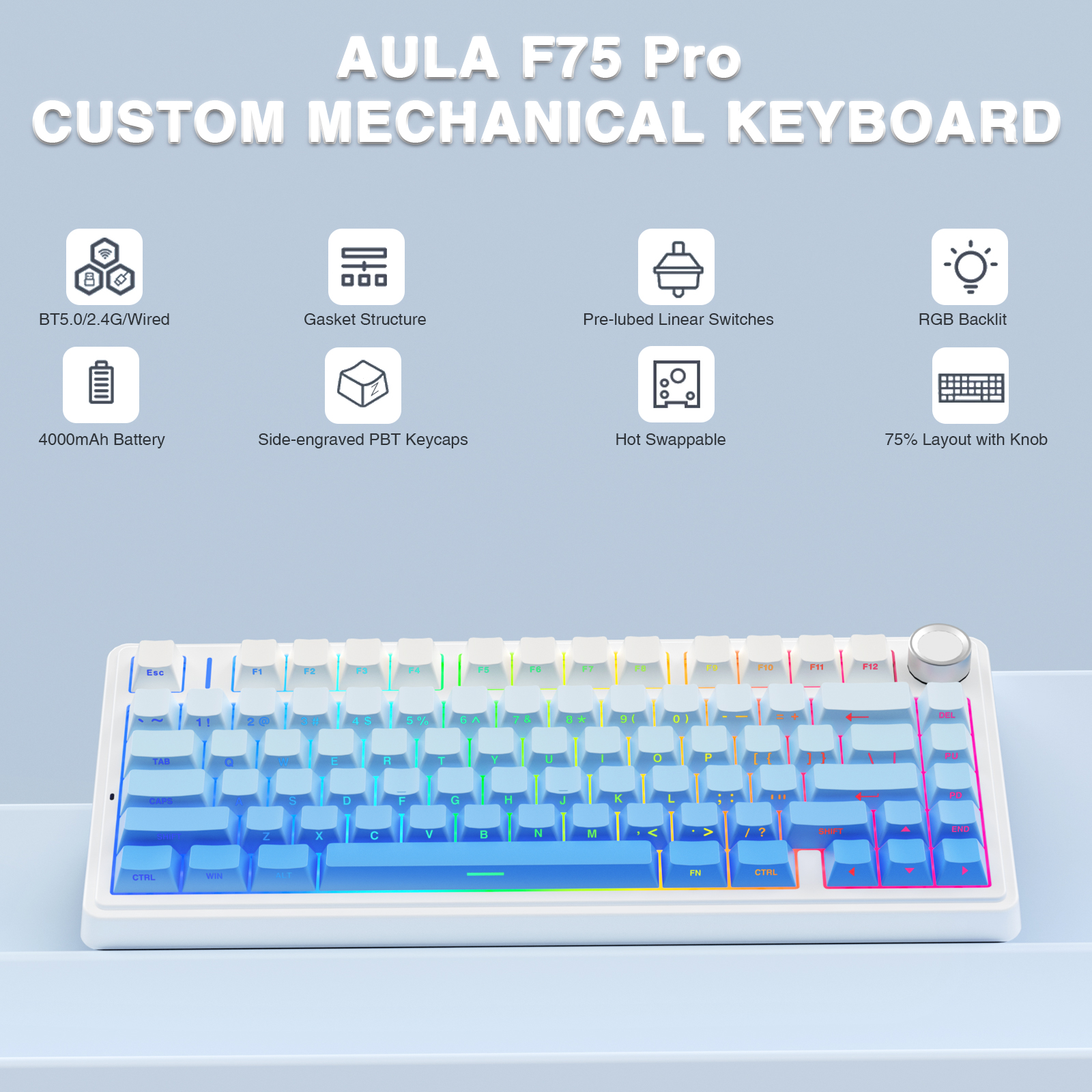 AULA F75 Pro Gasket Mounted Wireless Gaming Mechanical Keyboard RGB Customized 75% Layout Side-engraving PBT Keycaps