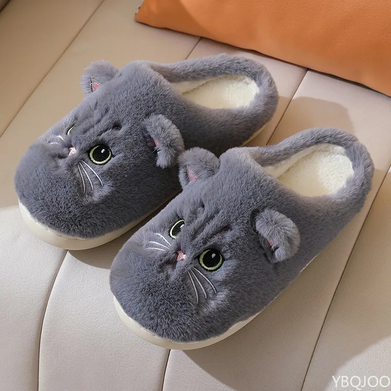 Cute Cat Slippers Fluffy Furry Women Home Platform Slippers Men Winter Plush Slides Indoor Fuzzy Slippers Lovely Cotton Shoes
