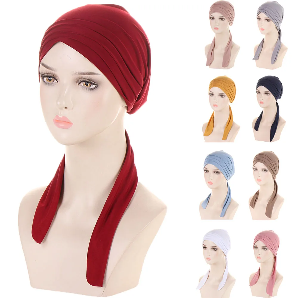 

Muslim Women Stretch Solid Wrinkle Turban Hat Cancer Chemo Beanies Caps Pre-Tied Scarf Headwear Headwrap Plated Hair Accessories