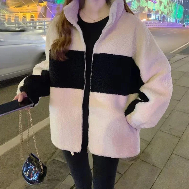 2023 Winter Women's Faux Lamb Coat Oversized Fashion Stitching Warm Plush Zipper Ladies Outerwear Casual Thicken Loose Jacket