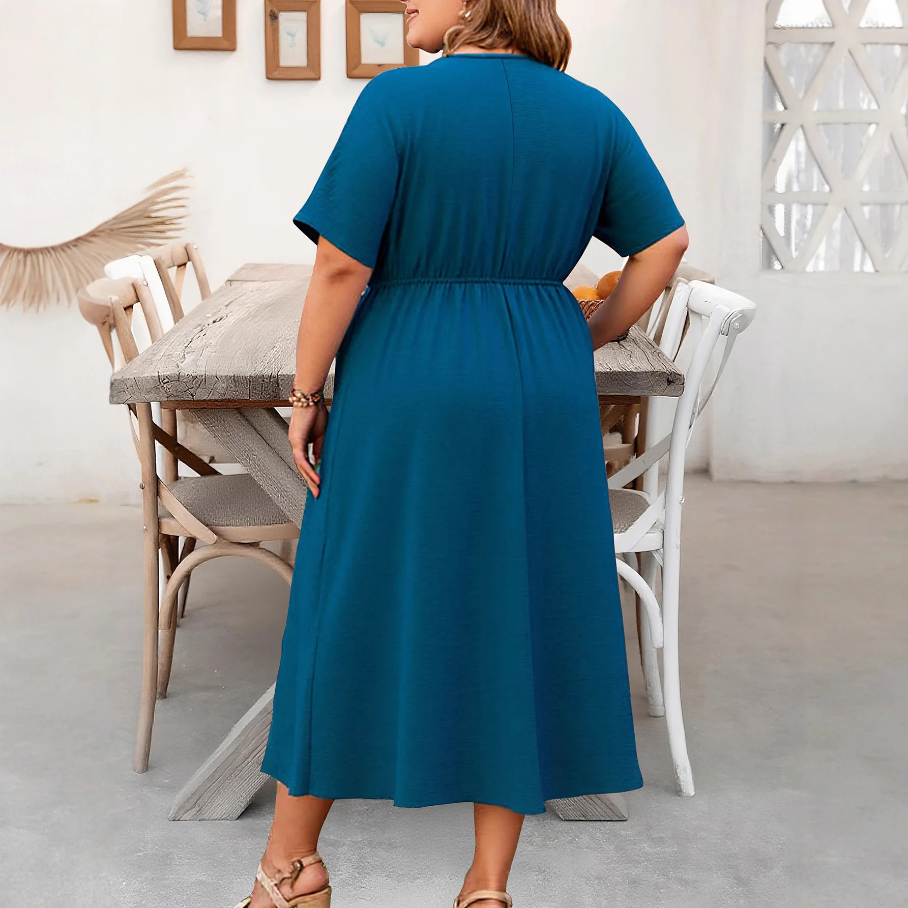 Plus Size Elegant V-neck Short Sleeve plus Size Dress Slimming Waistline Fashionable Women's Clothing Cross-Border Large Size... - Image 4