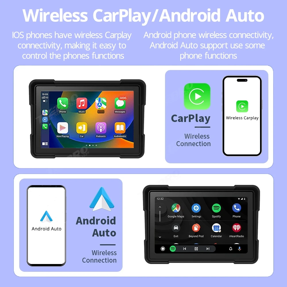 TIEBRO 512T Motorcycle Screen Carplay Moto Navigation Waterproof Screen Portable Motorcycle Wireless Android Auto Monitor GPS