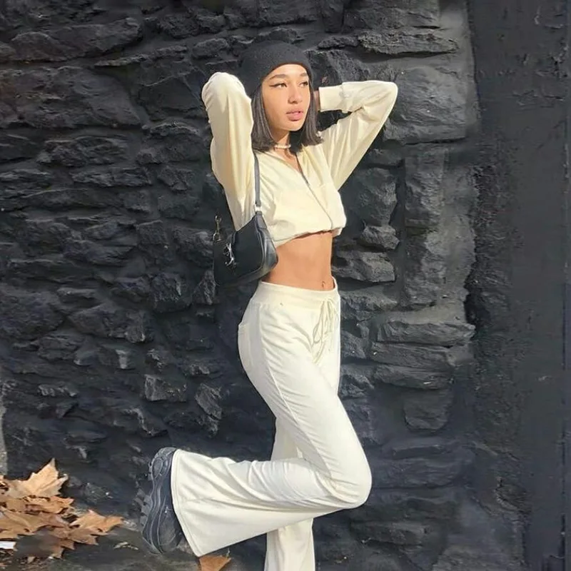 

Solid Bell-bottom Trousers for Fashion Women 2021 Summer Drawstring High Waist Pants Western Style Sports Style Loose Pants