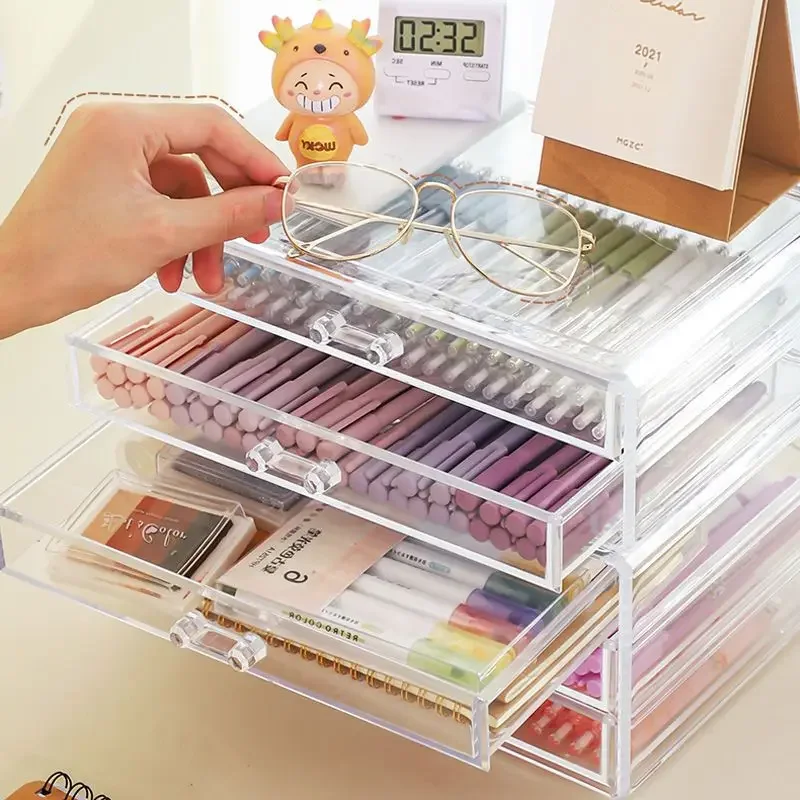 Acrylic transparent drawer Multi functional 3-layer pen holder large desk organizer Tape notebook storage office supplies