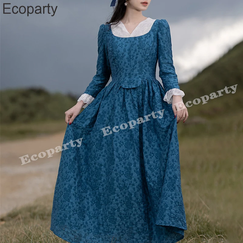 

2023 Women's Medieval Victorian Retro Dress Vintage Elegant Blue Long Sleeves French Pastoral Style Dress Spring Sweet Vestidos