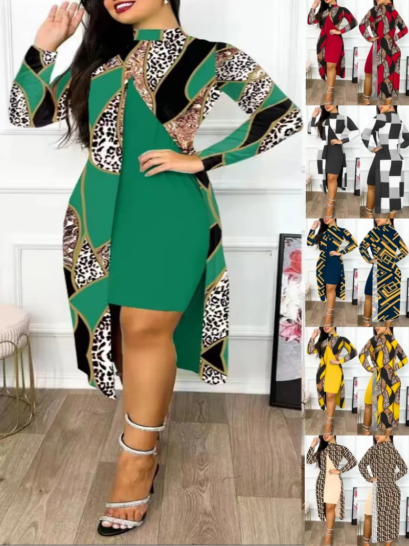 

Women 2pcs Clothes Set Summer Spring Long Sleeve Split Dress Top Printed O Neck High Waist