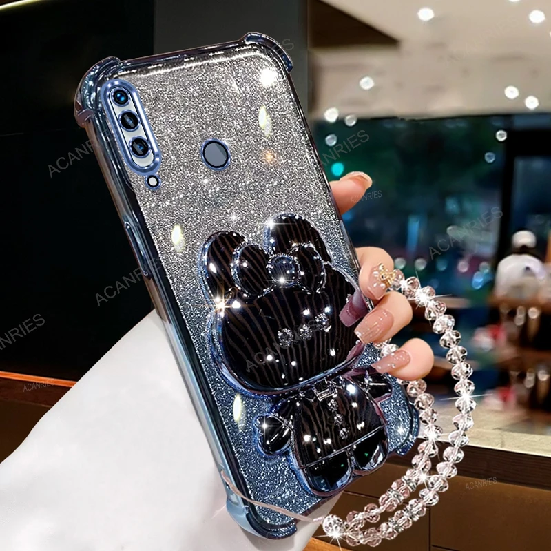 Plating Four Corners Anti-Fall Silicone Case with Mirror Rabbit Stand and Clear Bead Chain Cover