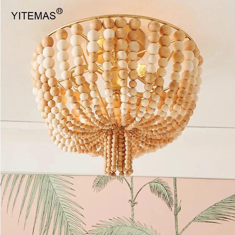 

Small Wooden Beads Ceiling Light Boho Bedroom Ceiling Lamp Entryway Hallway Loft 2 Lights For Low Ceiling Nordic Baby Room