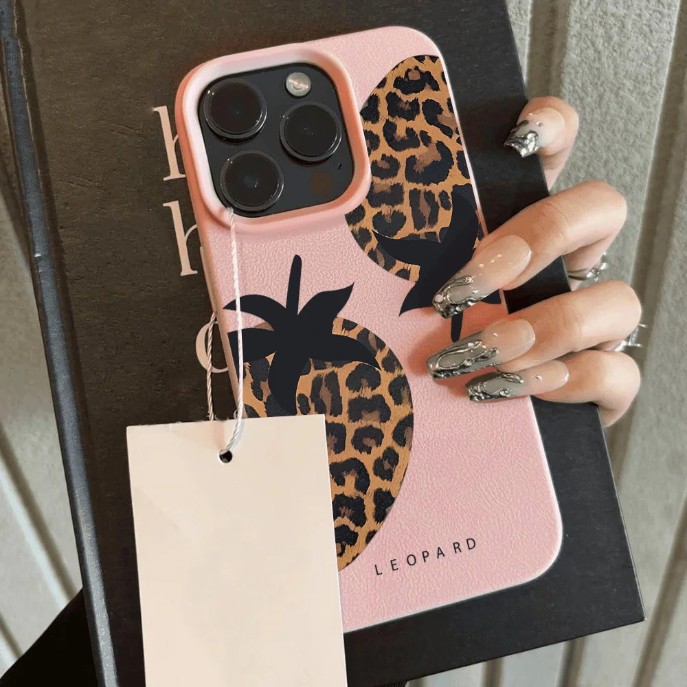 Leopard Print Leather Soft Matte Phone Case with Lichee Pattern