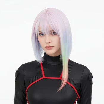 Parrucca Sintetica Corta con Frangia Multicolore Sfumato Stile Punk Anime Lucy Pastel Arcobaleno per Cosplay a Tema Sci-fi