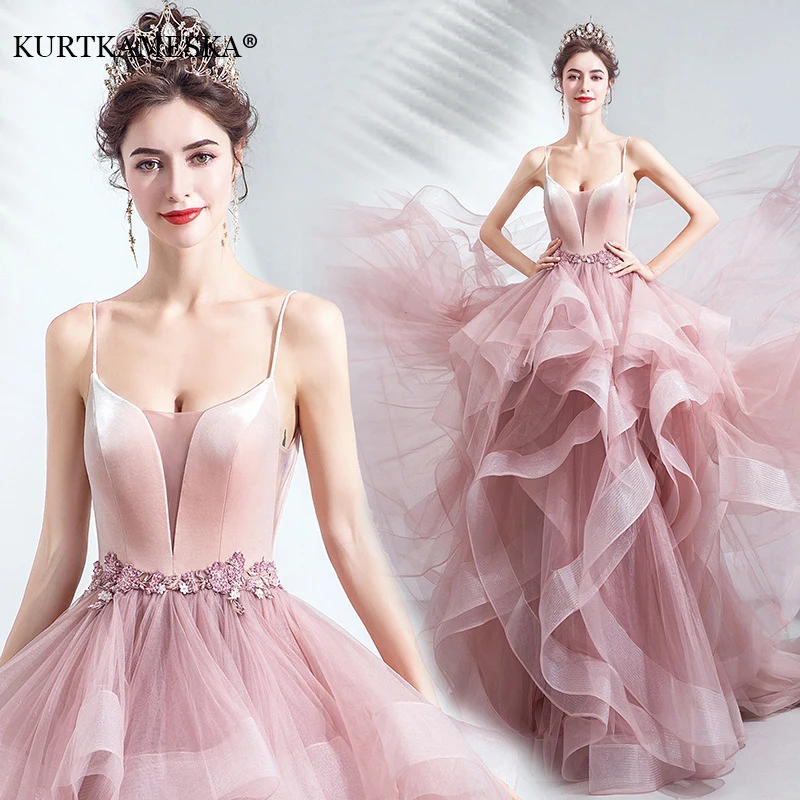

Luxury Pink Trailing Evening Prom Dresses for Women 2023 Summer Elegant Sexy Suspender Backless Show Stage Host Long Party Dress